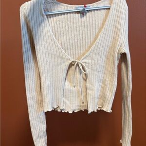 Cream Ribbed Knit Tie-Front Top